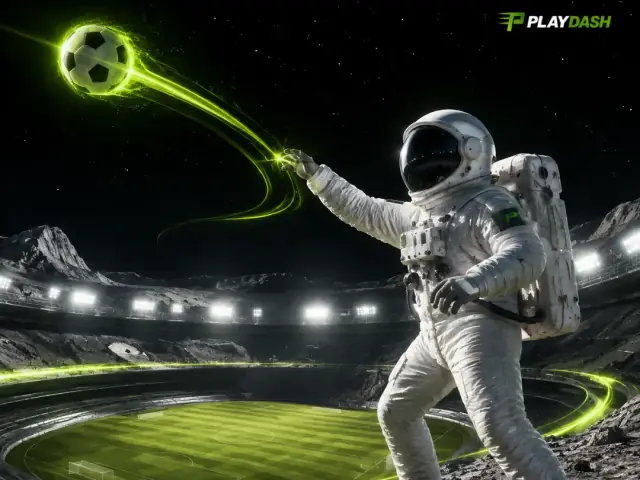PlayDash 宇航员在月球上灯火通明的球场上空凌空踢出发光的足球
