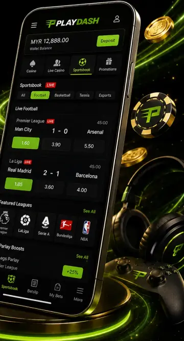 手机上的 PlayDash 体育投注页面，显示足球实时赔率和串关加成