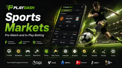 PlayDash 体育盘口横幅，展示足球、电竞、羽毛球等 12 类运动