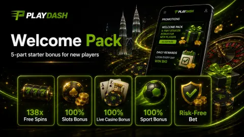 PlayDash 欢迎礼包横幅：138 次免费旋转加四项 100% 新手奖励