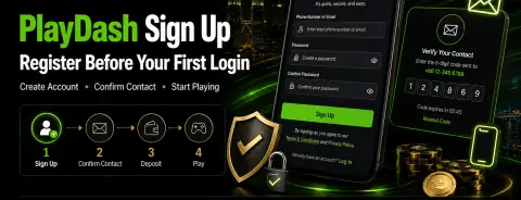 PlayDash 注册流程图：创建账户、确认联系方式与验证码页面