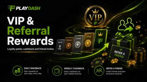 PlayDash VIP 与推荐奖励横幅：返水、返现和好友邀请